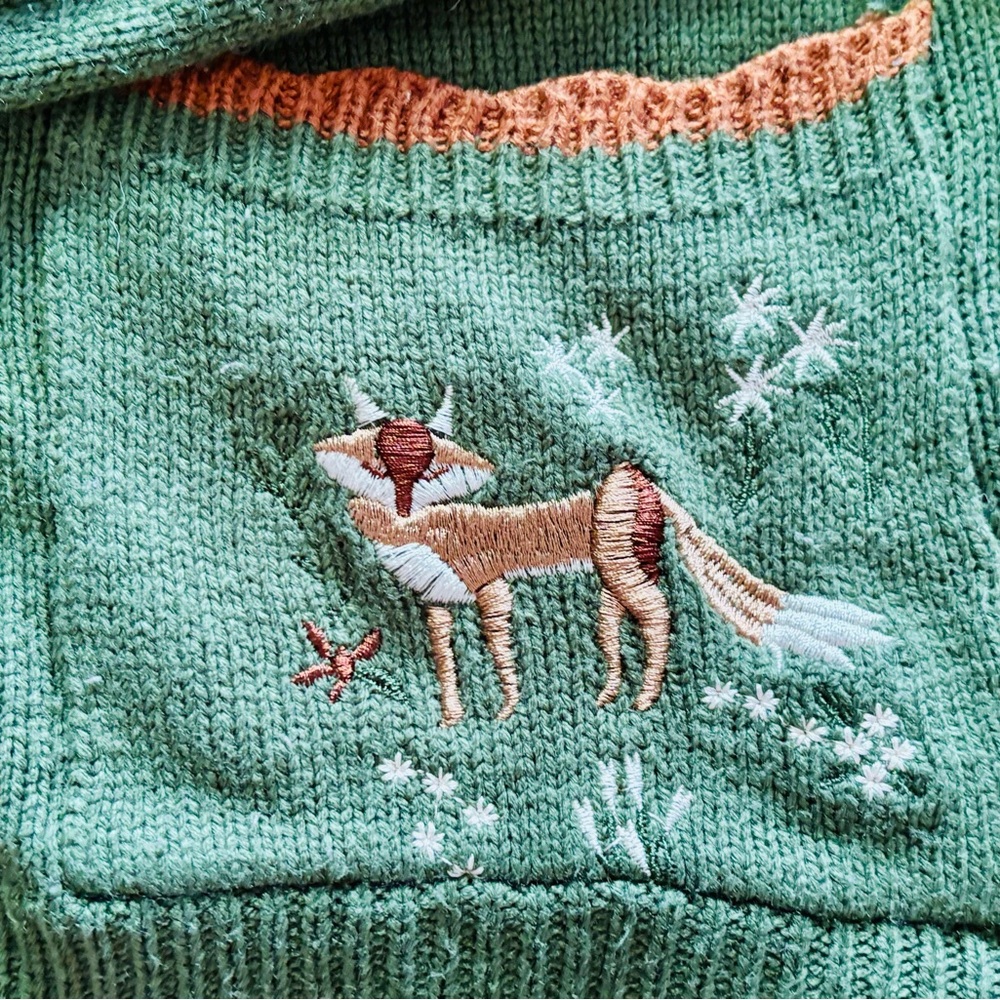 Unbranded Sz L Green and Brown Women's Cardigan with Embroidered Fox Design - Picture 3 of 10